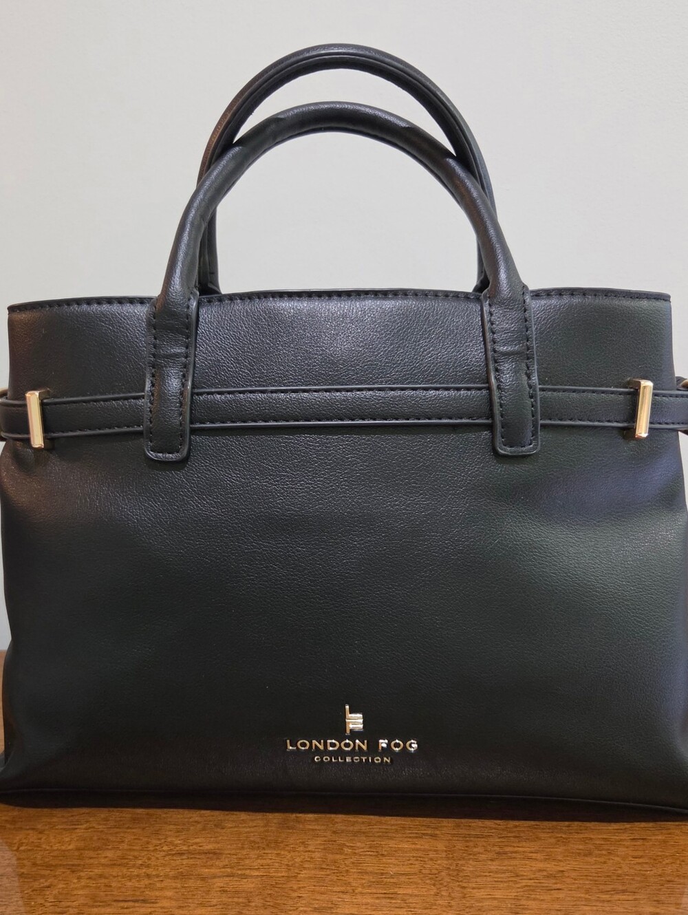 New London Fog Black Satchel Handbag With Shoulder 43" Strap Gold Accents